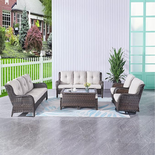 HUMMUH 7pcs Patio Furniture Set Swivel Rocker Patio Chairs,PE Wicker Outdoor Sofa Set of 2 with Coffee Table and Ottomans(Brown,Beige)