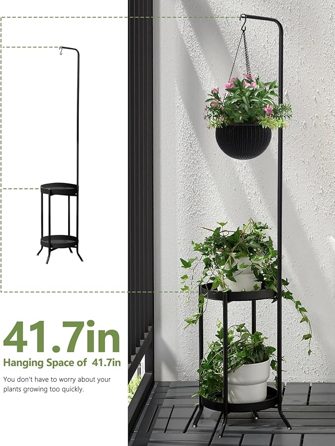 2Pcs Hanging Plant Stand Indoor Outdoor, Space-Saving Corner Metal Plant Shelf 3 Potted Flower Pot Stand, 2 Tier 61" Tall Modern Planter Holder for Patio Garden Balcony Living Room Bedroom