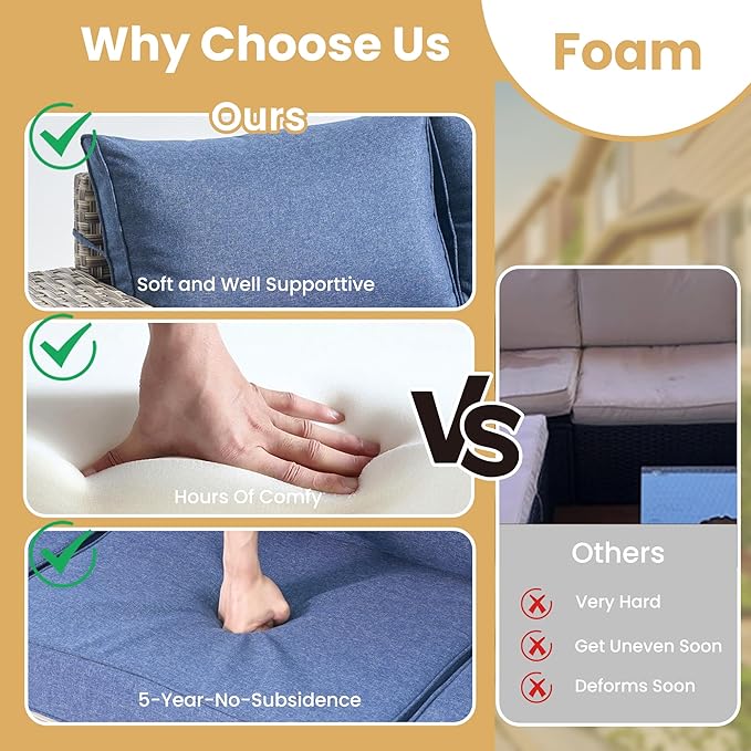 HOOOWOOO Outdoor Sectional Furniture Set with Fire Pit Table,9 Pieces Wicker Patio Conversation Sets,L Shape All Weather Outside Couch Sofa Set with Swivel Chairs Solar Light Table Ottoman,Denim Blue