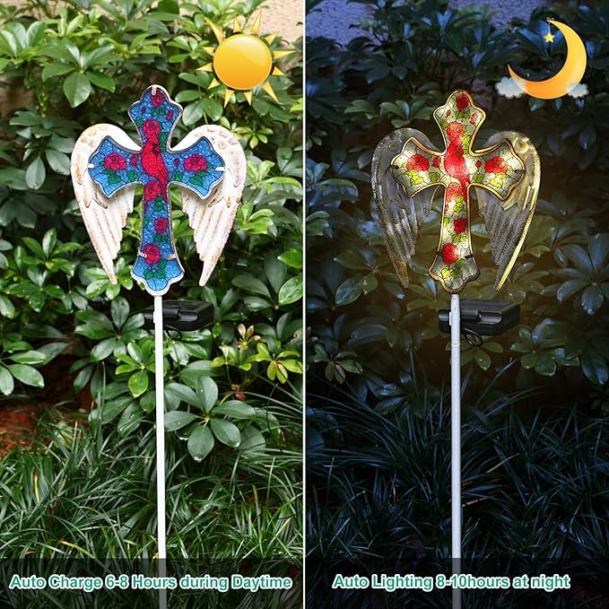YJFWAL Cardinal Bird&Rose Cross Garden Stake Light, Solar Glass Cross for Cemetery Grave, Jesus Cross Angel Wings Sympathy Memorial Gifts, Halloween Christmas Garden Lawn Yard Patio Decor