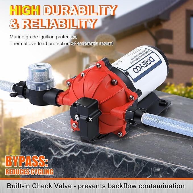 Dreyoo Water Diaphragm Pump, 115V AC, 5.5 GPM, 60 PSI Rated Pressure, 1/2" Threaded MNPT Self Priming Diaphragm Pressure Pump with Pressure Switch for Home, RV, Garden Agricultural Irrigation (Orange)