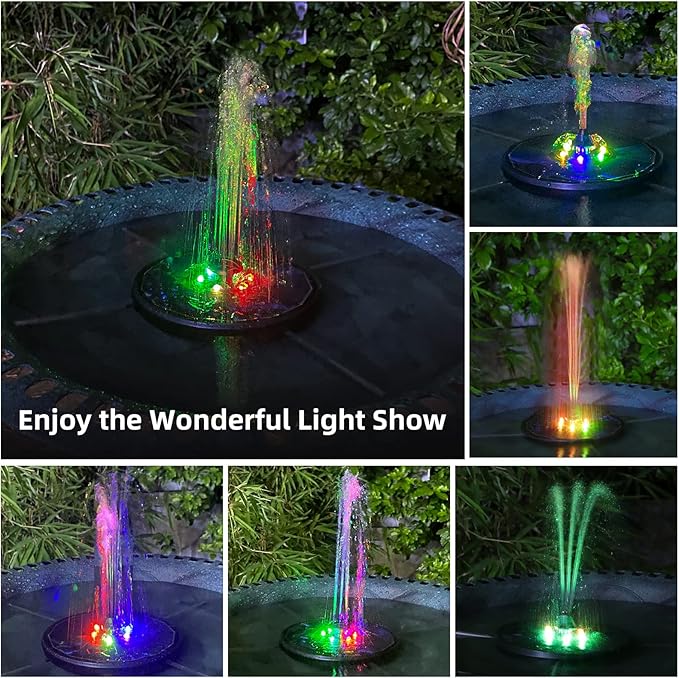 Solar Fountain, Powered Water 4W Pump for Bird Bath with LED Lights, 7 Nozzle and Fixer Hummingbird Garden, Pond, Pool, Fish Tank, , Black
