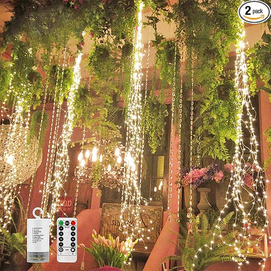 2 Pack 220 LED Firefly Bunch Lights Battery Operated, 8 Flashing Modes Waterproof Copper Wire Waterfall Lights, Remote Controlled Timer and Hooks, Fairy Lights for Indoor Outdoor Decor (Warm White)