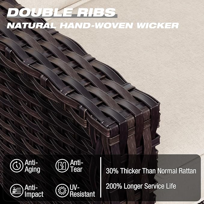 Joyside Wicker Patio Furniture Sets, 5 Pieces Upgraded Large Size Outdoor Furniture with Swivel Rocking Patio Chairs, Outdoor Ottoman and Side Table, Thick Cushions, Wide Armrest