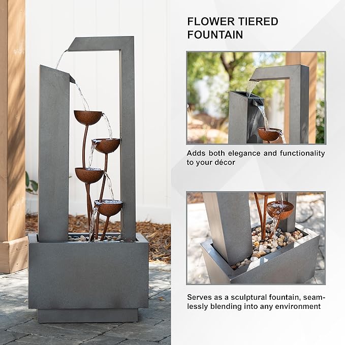 XBrand Freestanding Sculptural Metal Multi-Tiered Flower Water Fountain, No LED Lights, Gray and Bronze, 38" Tall