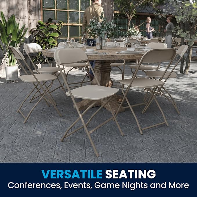 Flash Furniture Hercules Series Plastic Folding Chairs for Parties and Weddings, Stackable Commercial Event Seats, Set of 10, Beige