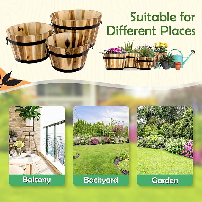 Idzo Set of 3 Wooden Flower Boxes Outdoor, Durable Acacia Wood Barrel Planters for Outdoor Plants with Ergonomic Handles, Drainage Holes, Multiple Sizes Wood Bucket Planter for Home Decor