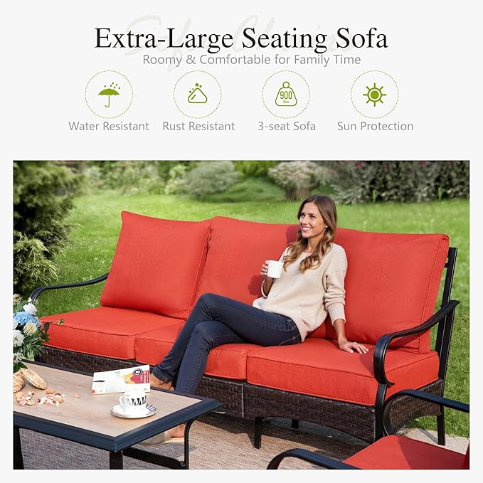 Sophia & William Patio Furniture Set, 5 Piece Metal Outdoor Conversation Set with 3-Seater Outdoor Couch, 2 Sofa Chairs, 1 Loveseat,1 Coffee Table for Outdoor Seating, Backyard, Porch(Red)