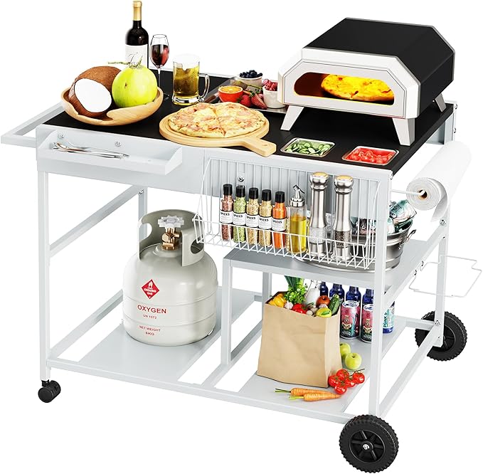 JY QAQA Outdoor Pizza Oven Stand with Condiment Shelf, Outdoor Cooking Cart, Grill Worktable for Patio, Food Prep Station Fits Ninja Woodfire Grill, Cuisinart Grill, Blackstone Griddle