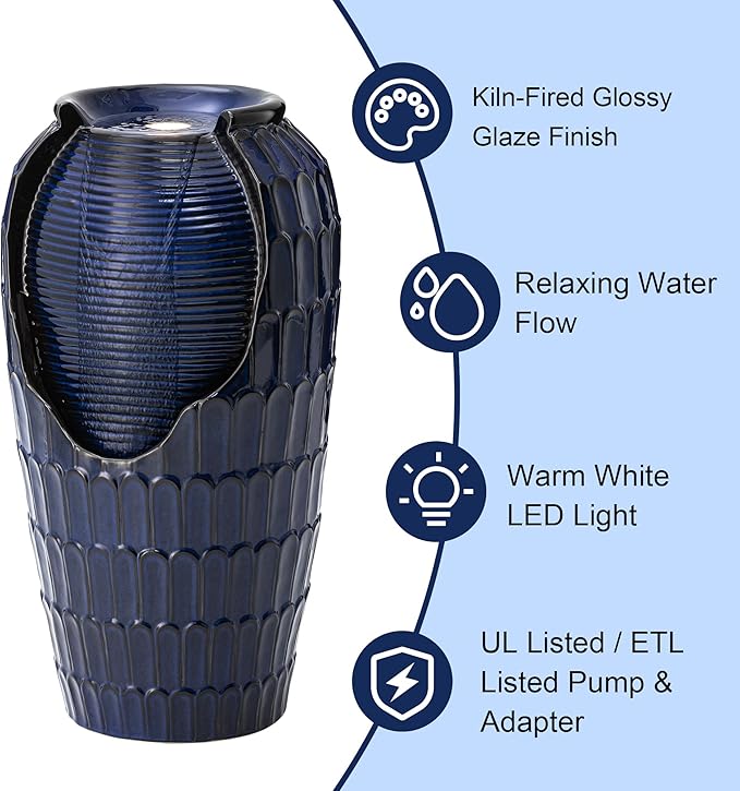 Glitzhome 28.25" H Oversized Ceramic Petals Textured Jar Outdoor Water Fountain, Vintage Cobalt Blue Glaze Vase Patio Garden Waterfall Fountain with LED Light and Submersible Pump