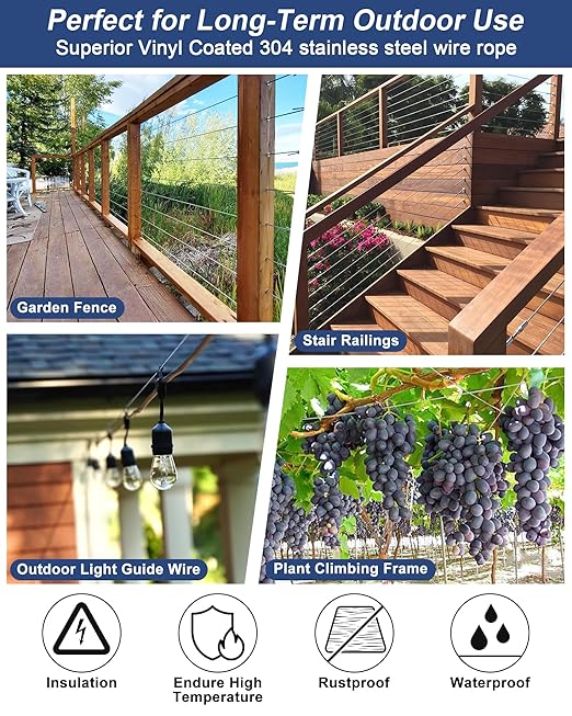 220 FT 1/16" Wire Rope Kit 304 Stainless Steel Cable with M5 Turnbuckles for Cables Wire, Vinyl Coated String Lights Hanging Wires for Outdoor Camping, Trellis, Garden, Clothes line, Curtain, Picture