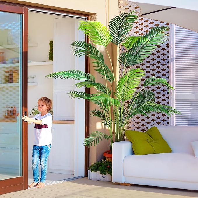 KOL 7ft 2-Pack Artificial Areca Palm Plant in Pot, Fake Tropical Cane Palm Silk Tree Indoor Outdoor, Dypsis Lutescens Plants, 82.7in Lifelike Faux Silk Plant Home Garden Decoration, Housewarming Gift