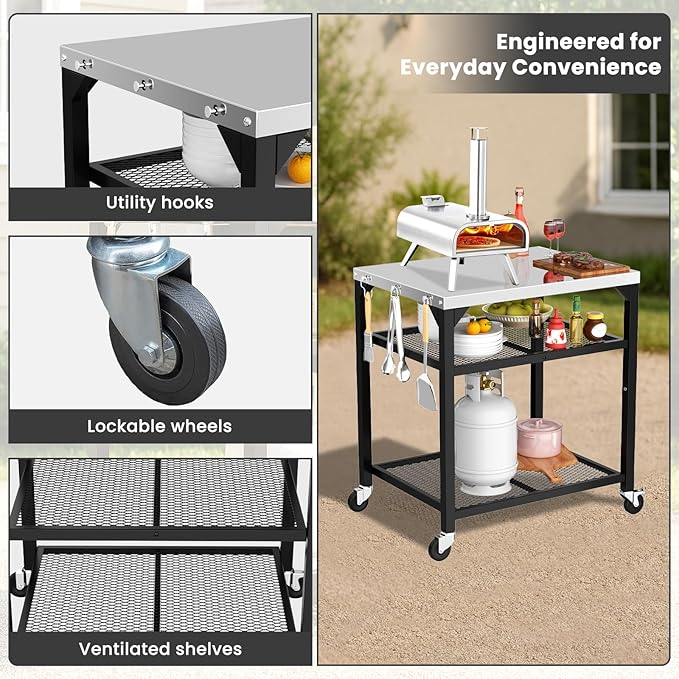 Pizza Oven Table for Ninja Woodfire, Blackstone, Cuisinart, 32x24 Inch Stainless Steel Outdoor Grill Prep Cart with Hooks, Portable Food Station