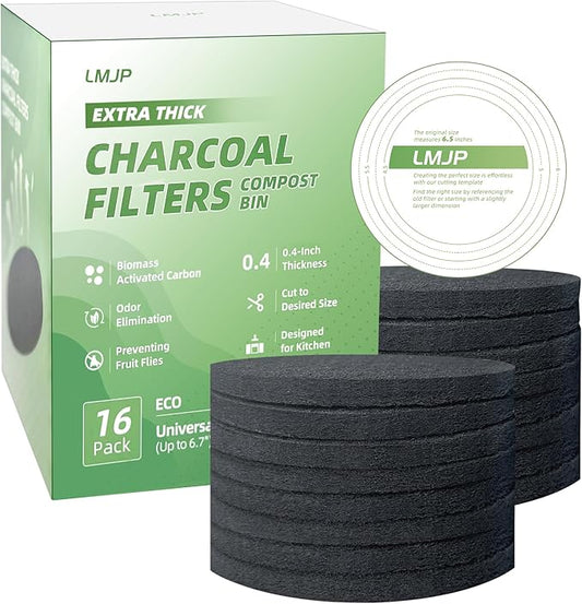 6.7 Inch Charcoal Filters for 16 Pack Kitchen Countertop Compost Bins - Extra Thick 0.4" for Longer Lasting Activated Carbon