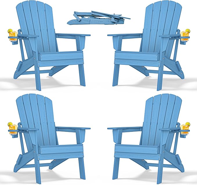 Folding Adirondack Chair with Cup Holder Set of 4,All-Weather Adirondack Chair,Patio Chair,HDPE-Wooden Textured Lawn Chair- Light Blue