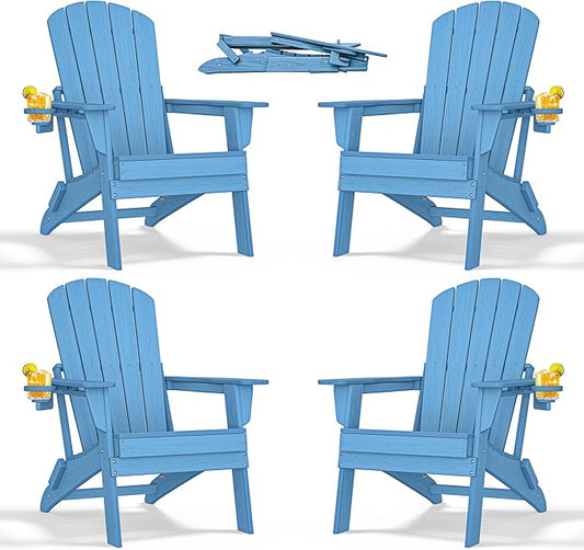 Folding Adirondack Chair with Cup Holder Set of 4,All-Weather Adirondack Chair,Patio Chair,HDPE-Wooden Textured Lawn Chair- Light Blue
