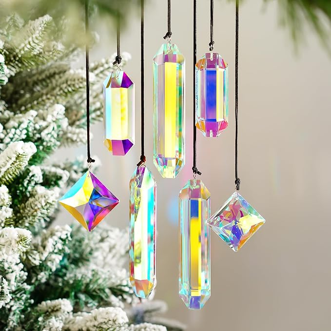 HDCRYSTALGIFTS Set 7 Crystal Sun Catcher Prisms, AB Colored Suncatcher Crystals Window Indoor Hanging Christmas Ornaments Rainbow Maker Prisms for Home Garden Decor