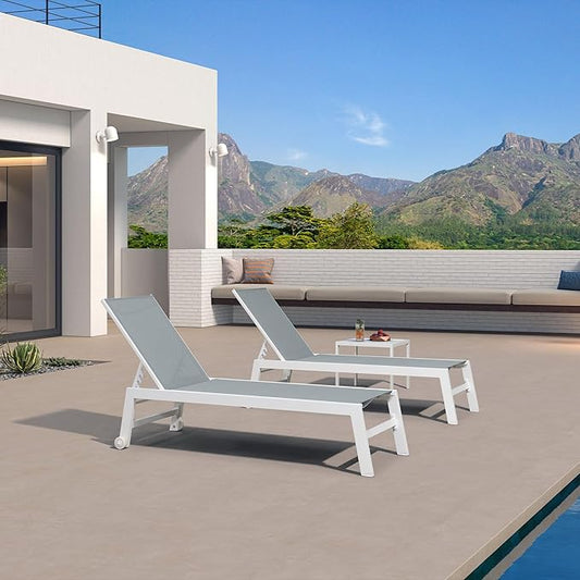 PURPLE LEAF Lounge Chair Outdoor Set of 4 White Aluminum Lounge Chairs with Wheels and Table Outdoor Chaise Lounge for Patio Pool Yard, Bluish-Gray