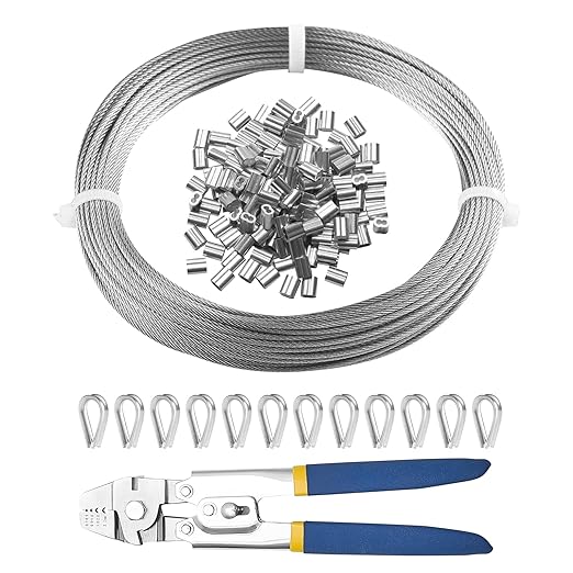 VEVOR 1/16 Wire Rope Kit, 66 FT Wire Rope Crimping Tool 304 Stainless Steel Cable, 160 Sleeves, 12 Thimbles, 7x7 Strands Construction Marine Aircraft Grade for Handrail Stair Decking Fence Outdoors