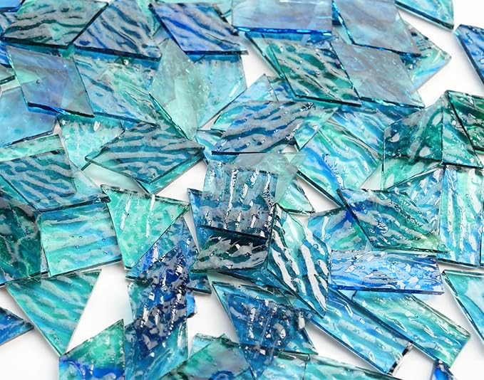 200g Transparent Mosaic Glass Tiles, Large Stained Glass Pieces for DIY Mosaic Craft Supplies, 4 Shapes Mosaic Glass Tiles for DIY Mosiac Present, Pond Water Blue