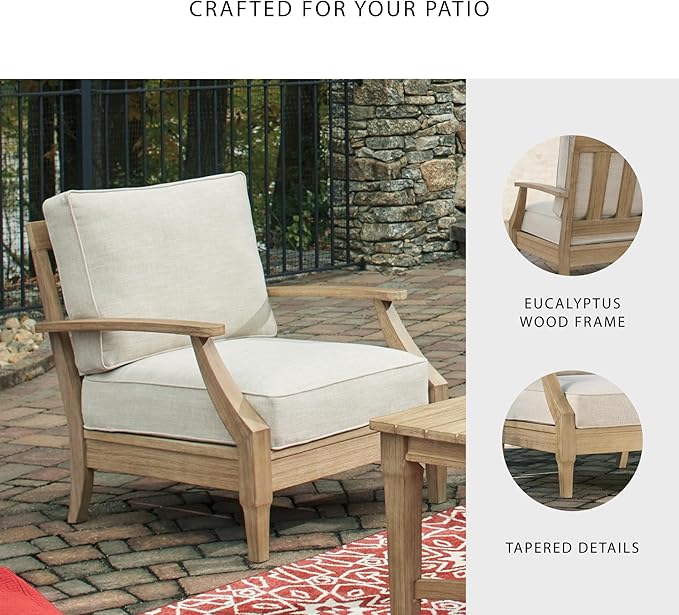 Signature Design by Ashley Clare View Outdoor Eucalyptus Wood Single Cushioned Lounge Chair, Beige