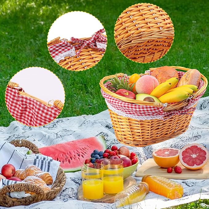 1 Pack 14.2 Inch Natural Wicker Basket with Checkered Lining, Oval Wicker Woven Basket with Handle, Willow Woven Picnic Baskets for Picnic, Camping, Party(Large)