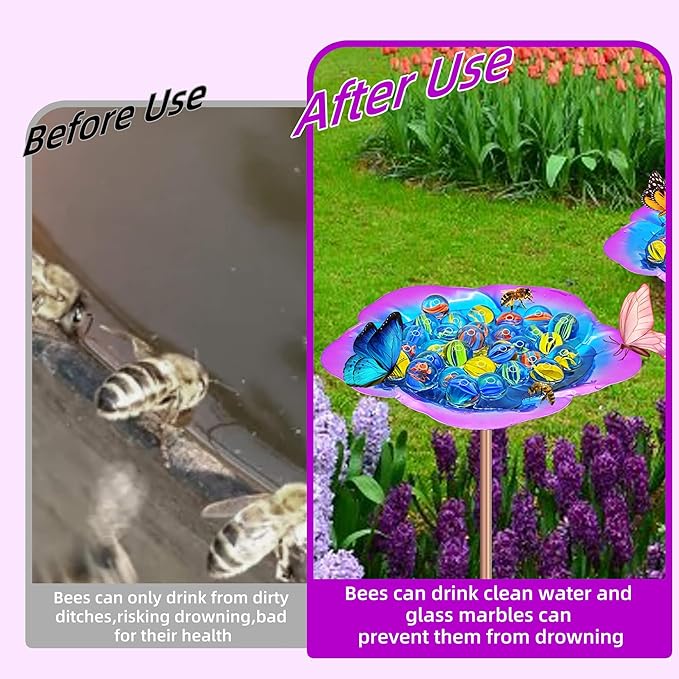 Bee Watering Station-Purple Butterfly Puddler Bee Bath & Feeder with Metal Stakes - 30 Glass Marbles, Vivid Flower Design, Garden Yard Decor (Purple-2PACK)