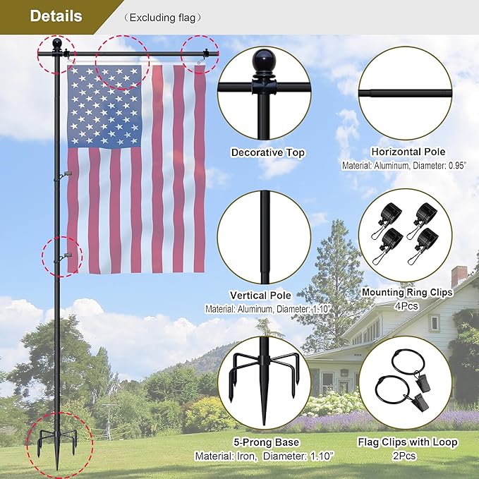 10FT Flag Pole Stand for Garden – Adjustable Outdoor Flagpole with 5-Prong Base, Freestanding Aluminum Banner Holder for 3x5ft & 28"x40" Flags – Wind-Resistant & Lightweight – Black