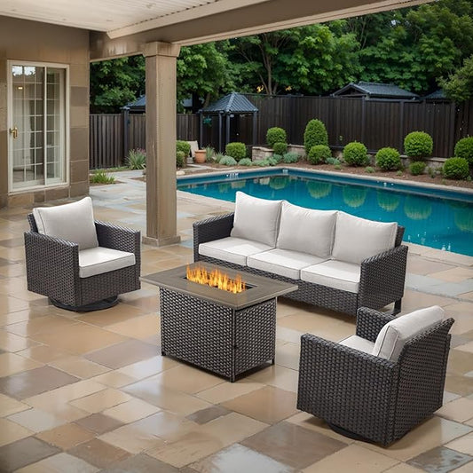 4 Piece Wicker Patio Furniture with Fire Pit Table - Outdoor Conversation Set with 50,000 BTU Fire Pit, All Weather Rattan Patio Set for Deck Backyard Garden - Brown Wicker Beige Cushion