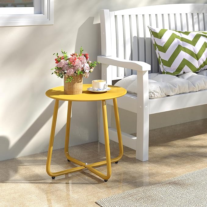 HollyHOME Round Metal Side Table, Rust-Resistant Patio Small Plant Stand, Outdoor 17.32'' Portable End Table for Balconies, Gardens, Living Rooms and Bedrooms, Yellow