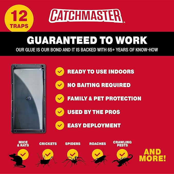 Catchmaster Rat, Snake and Mouse Traps 12Pk, Large Bulk Glue Rat Traps for Home, Adhesive Plastic Tray for Inside House, Snake, Mice, & Spider Catcher, Pest Control for House & Garage