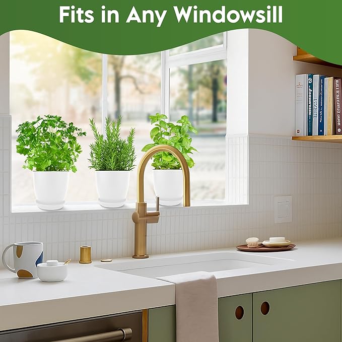 Indoor Garden Kit - Plant Pots with Drainage, Watering Can & Tools - Ideal Windowsill Planter Set - Modern Home & Kitchen Decor Gift - White