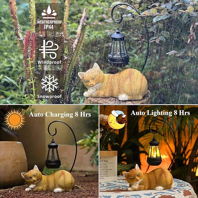 Solar Lantern Cat Statue Outdoor Garden Decor, 13 Inch Tall Cat Statues Resin Cat Figurine with Solar Light, Outdoor Statue Garden Cat Statue Decor for Pathway Yard Lawn Patio & Porch, Gift for Mom