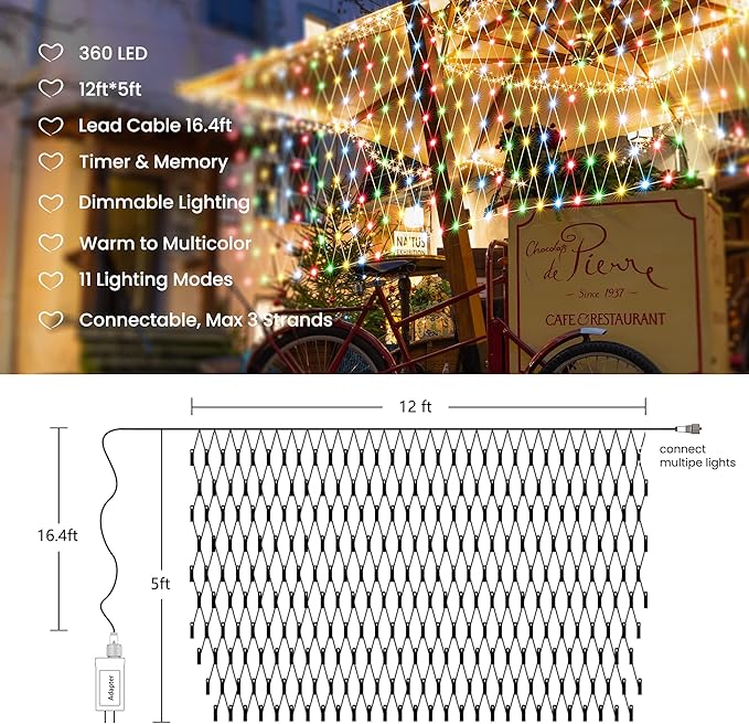 12ft x 5ft 360 LED Christmas Net Lights, 11 Modes 30V Christmas Net Lights, Warm White-Multi Color Changing Mesh Decorative Net Lights for Xmas Tree Bush Wedding Garden Outdoor Indoor Decor