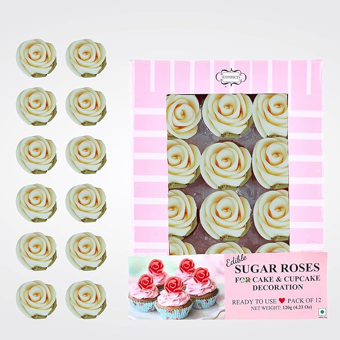 Confect Edible Flower | Edible Flower for cake decorations | Edible Flower Cupcake Toppers | Cupcakes & Doughnut Edible Toppers | Classic Pearl Ivory Sugar Flower- Pack of 12
