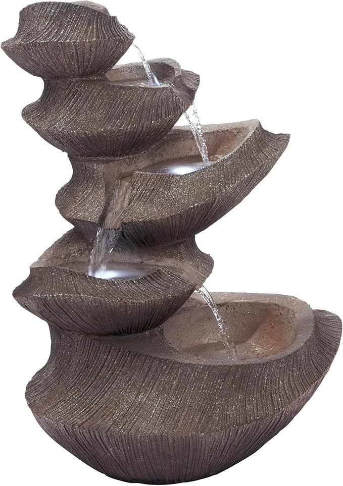 Alpine Corporation WIN1332L-BR Outdoor Floor Tiered Basin Fountain with LED Lights, Modern Basin Garden Fountain 31", Brown