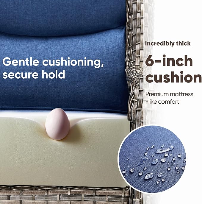 Swivel Patio Chairs sofa Set of 6 - 6" Thick Cushion - Wicker Outdoor Swivel Rocker Patio Chair ,Sofa/Glass coffee table, High Back Comfortable Outdoor Glider Chairs - Grey Wicker | Blue Cushions