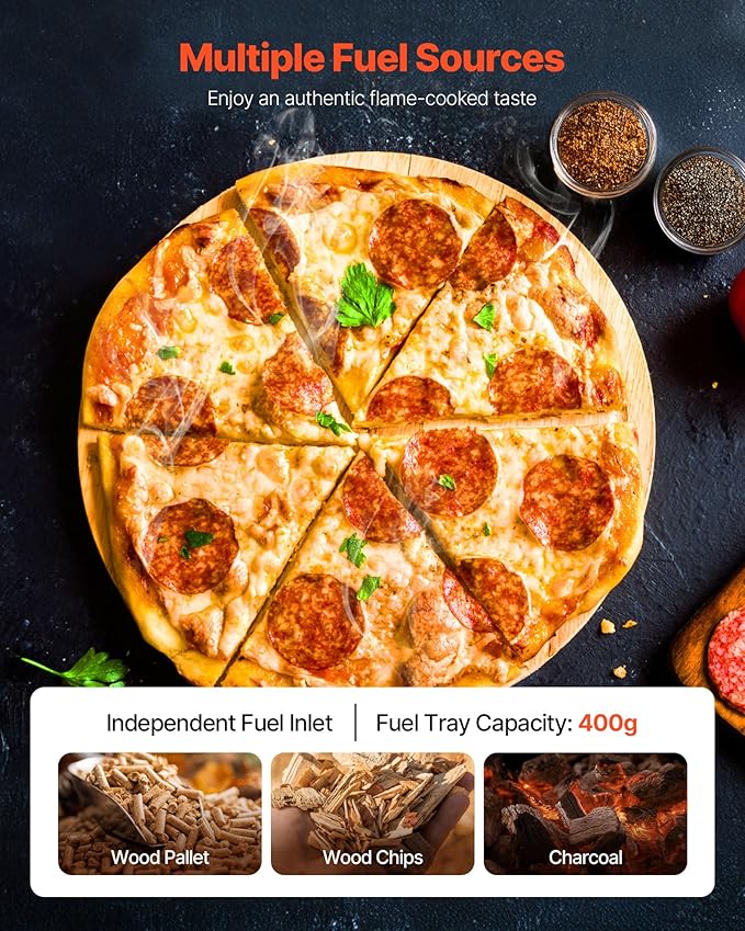 VEVOR Pizza Oven Outdoor, 12" Pellet Pizza Oven, Portable Pizza-Stove with Built-in Thermometer, Wood Fired Stainless Steel Pizza-Maker, for Backyard, Camping, Pizza-Stone, Shovel, Carry Bag, Silver