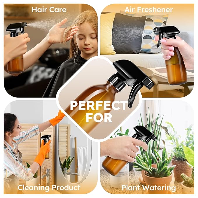 Tecohouse Glass Spray Bottles 8oz, Amber Hair Spray Bottles, 2 Pack Empty Refillable Sprayer Container with Labels, Funnel, Lids, Graduated Pipettes - Handheld Size