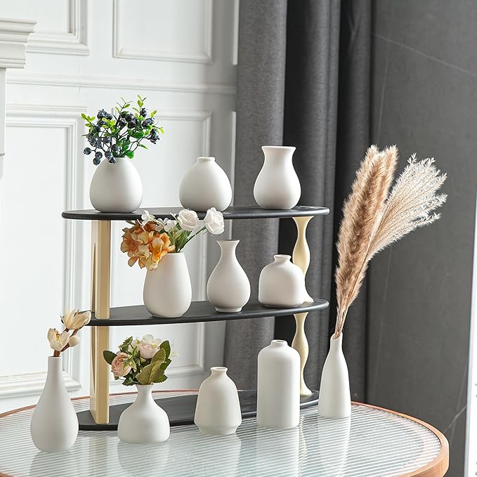 JOJUNO White Bud Vases, Small Ceramic Vase Set of 11, Mini Pottery Vases for Flowers, Decorative Pieces for Home Modern Decor, Boho Decor, Chic Accents for Living Room Dining Table Shelves