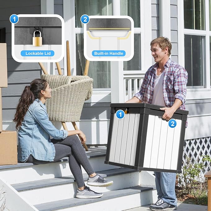 50-Gallon Outdoor Deck Box,Storage Lockable Waterproof Patio Furniture,Garden Tools,Cushions,Pool Accessories Outside Storage Resin Box(Black and White)