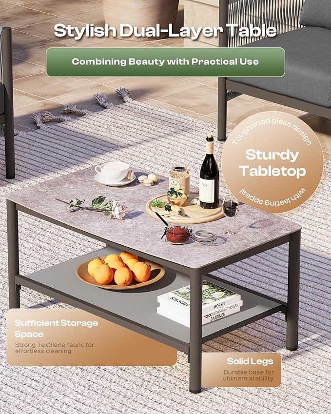 Aluminum Outdoor Sofa Armchair, HDPE Rope Patio Couch with Washable Thick Cushion, All-Weather Outdoor Patio Chairs Set of 2 for Balcony, Yard, Gray Frame, Charcoal