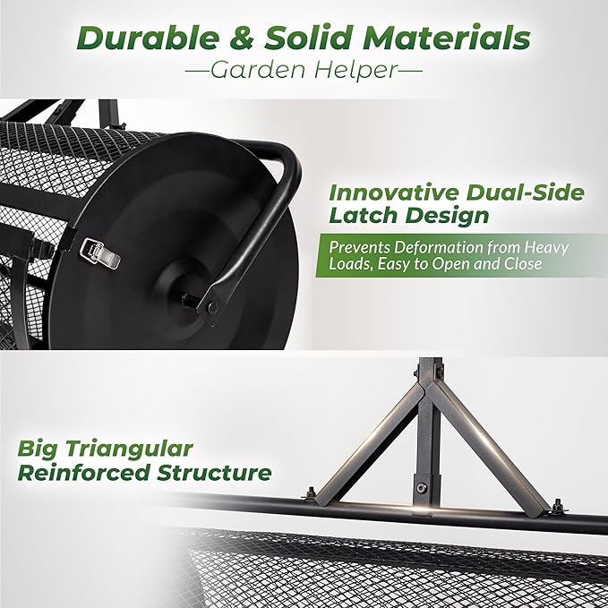 Walensee 44 Inch Compost Spreader Peat Moss Spreader with Side-Latch Design, Upgraded Large-Capacity Metal Mesh Roller for Lawn and Garden Care, Durable Manure Spreader for Seeding and Fertilizing