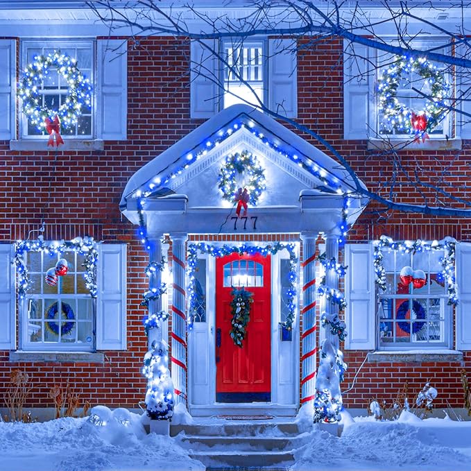 Vivideal 200 LED Christmas Lights Outdoor - 66ft Christmas String Lights 8 Modes Plug in Waterproof Fairy Lights with Timer Memory for Indoor Outside Bedroom Home Party Decoration, Blue&White