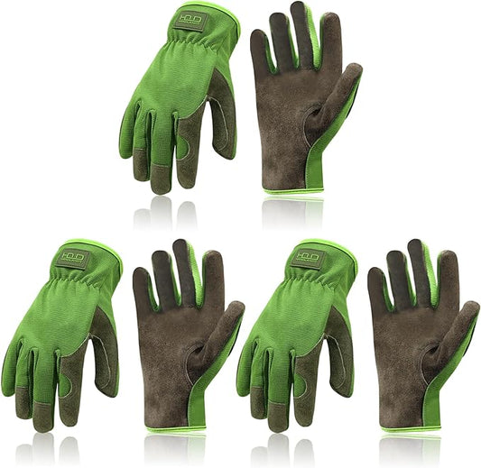 HANDLANDY Leather Work Gloves for Men & Women, Reinforced Durable Garden Gloves, Cowhide Working Glove for Gardening