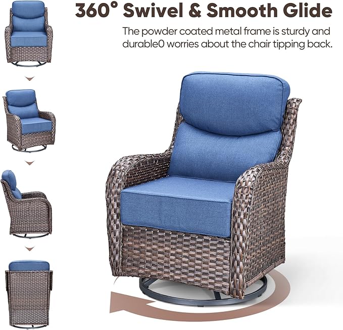 Swivel Patio Chairs sofa Set of 6 - 6" Thick Cushion - Wicker Outdoor Swivel Rocker Patio Chair ,Sofa/Glass coffee table, High Back Comfortable Outdoor Glider Chairs - Brown Wicker Blue Cushions