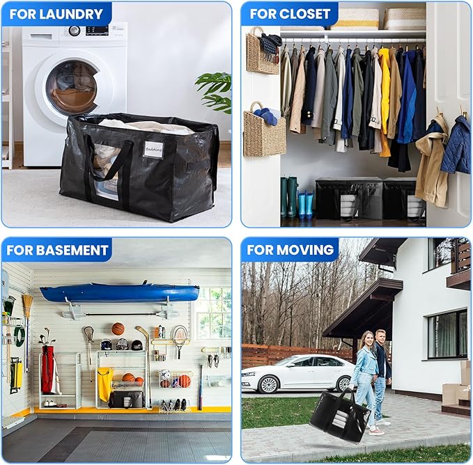 TAILI Extra Large Moving Bags, 6 Pack Black Heavy Duty Totes For Storage with Visible Window, Wrap Around Handles, Storage Bags for Space Saving, Alternative to Moving Boxes