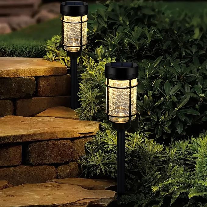 Solar Pathway Lights 2 Pack, Color Changing+Warm White LED Solar Lights Outdoor, Waterproof Lighted Crackle Glass Stake for Garden Path Walkway Backyard Lawn Landscape Decoration