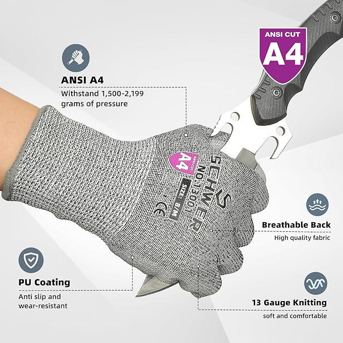 Schwer 12 Pairs ANSI A4 Cut Resistant Work Gloves, Cut Proof Gloves with PU Coating, Used for Metal Fabrication, WoodWorking, Construction, Non Slip, Durable, XS, CR13001
