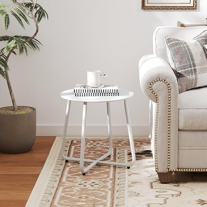 HollyHOME Round Metal Side Table, Rust-Resistant Patio Small Plant Stand, Outdoor 17.32'' Portable End Table for Balconies, Gardens, Living Rooms and Bedrooms, White